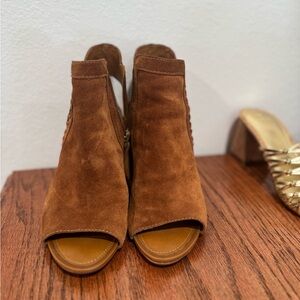 Franco Sarto Brown Suede Peep-Toe Mules